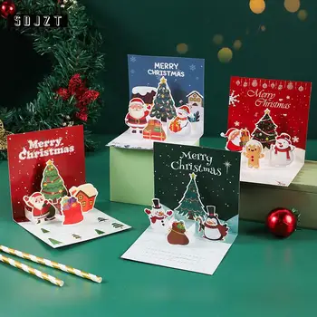 1Set 3D élénk színű karácsonyi képeslap Vidám Mikulás hóember jávorszarvas Karácsonyi üdvözlőlapok ünnepi kellékekhez