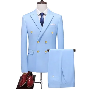 2024 Divat Új férfi üzlet Dupla mellű egyszínű öltöny kabát / férfi karcsú esküvő 2 részes blézer kabát nadrág