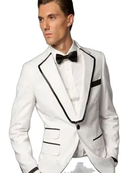 2Db dzseki nadrág alkalmi jelmez homme fehér kabát fekete szegéllyel Vőlegény szmokingok Formális legjobb férfi öltönyök Tailor Blazer nadrág