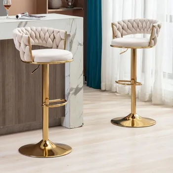 Arany bárszék szett 2 db, bársony forgatható szőtt bárszékek, állítható magasságú pult székek üreges hátlappal, kárpitozott modern