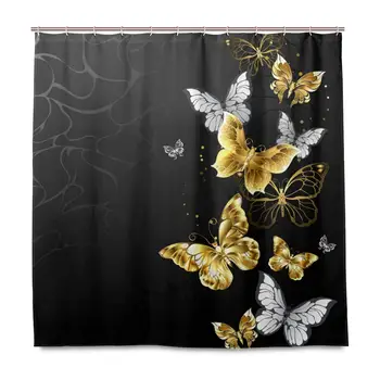 Arany pillangók Fekete zuhanyfüggöny, poliészter szövet Fürdőszoba zuhanyfüggönyök Vízálló fürdőszobai függöny szett akasztókkal