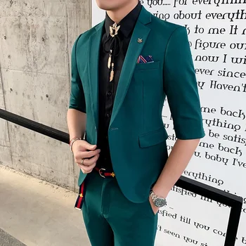 (Blazer+Pants) Kiváló minőségű férfi tavaszi nyári egyszínű karcsú szabású öltöny férfi 2 részes középujjú Best Man Tuxedo Show ruha