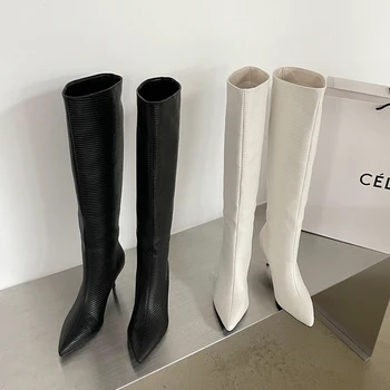 Chelsea Booties For Woman Fashion Téli hegyes orrú fekete fehér vékony magas sarkú cipő PU bőr elegáns ruha cipő női méret 35-40