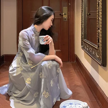 Elegáns sifon kék hímzett Cheongsam 2db Qipao harisnyatartó hosszú ruha női kínai stílusú teaszolgálat vietnami ruhák