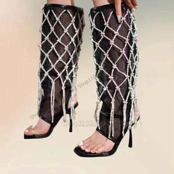 Fekete hálós kötött csomó Üreges vágású sarok Szandál Csizma csúszik a női cipőn vékony magas sarkú cipő nyitott orrú szexi 2023 Zapatos Para Mujere