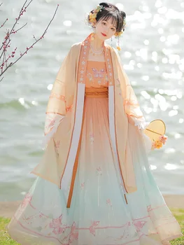 Flitterek Színátmenetes csillogó kínai Hanfu ruha 3DB szett Áramló ruha Kínai ősi nők hímzőruha jelmez