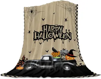 Halloween Throw Blanekt boldog boszorkány kalap tök teherautó vintage bivaly kockás fuzzy takaró ágyhoz kanapé kanapé székek hangulatos takaró