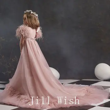 Jill Wish Luxus Elegáns Poros Rózsaszín Virág Lány Ruha Fearthers Hercegnő ruha Gyerekek Esküvő Születésnapi Party Úrvacsora Szépségverseny J114