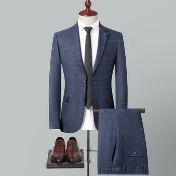 Kék kockás férfi öltönyök 2 részes készlet Gentleman blézerek és nadrágok esküvői férfi ruházat elegáns üzleti irodai kabát szettek férfiaknak