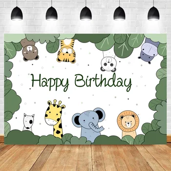 Laeacco rajzfilm állatok fotó háttér dzsungel szafari gyermek boldog születésnapot családi parti fotózás háttér testreszabott banner