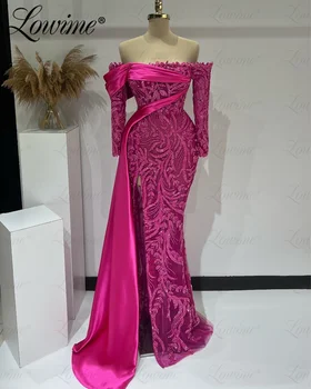 Lowime Boat Neck gyöngyös partiruhák Hosszú ujjúak Arab női estélyi ruhák Haute Couture sellő formális forró rózsaszín báli ruhák