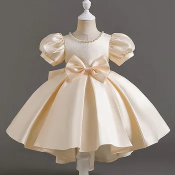 Lányok gyöngy buborékujjú hercegnő ruha 3-10 éves gyermek szatén V-nyakú íj puffadt ruha divat csúcskategóriás bankett házigazda