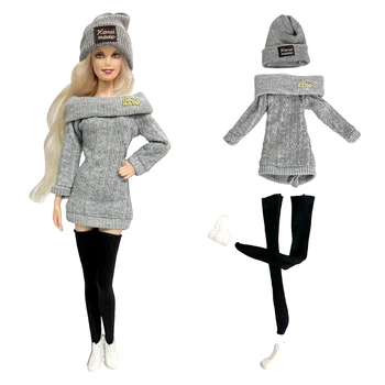 NK 1 szett Játék baba divatruha DIY öltözködési kiegészítők (szürke ruha+sapka+zokni+cipő) Barbie babához Játék kiegészítők