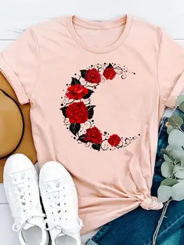 Női mintás pólók Alkalmi Női Rövid ujjú Hold Virág Virágos Trend Női divatruházat T ruhák Grafikus póló