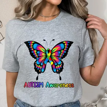 Női pólók divat Új grafikai felsők Autizmus tudatosság Pillangó nyomtatás Gyerekek felső póló női póló Női ruha póló