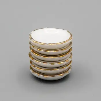 Odoria 1:12 miniatűr 6db kerek tányér arany peremmel Evőeszközök Étkészlet Konyhai készlet Babaház kiegészítők Babaház dekoráció