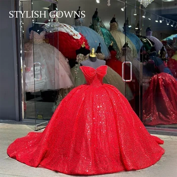 Piros báli ruha Quinceanera ruhák lányoknak Csillogóan flitteres születésnapi parti ruhák Fűző fel hátul ballagási rátétek szalagavató ruha