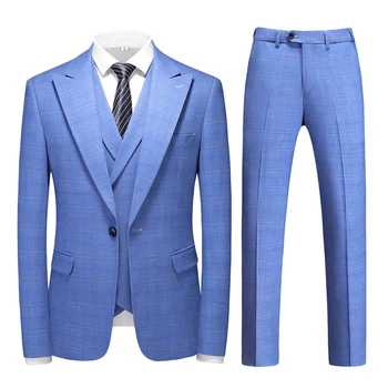 Plyesxale elegáns kék esküvői öltöny férfiaknak Double Vent Designer férfi öltönyök 3 részes luxus slim fit party alkalmi öltöny férfi Q1369