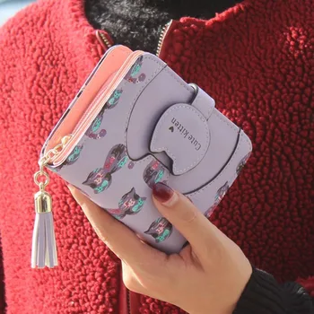 Rajzfilm macska női pénztárca nyomtatás PU bőr női pénztárca márka tervezett érme pénztárca női kártyatartó bojt aranyos pénztárca
