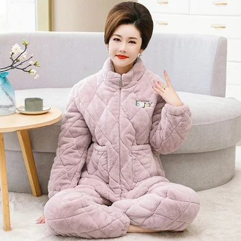 Téli háromrétegű pamut pizsama női vastag pizsama laza méret M-4XL női meleg flanel otthoni ruházat