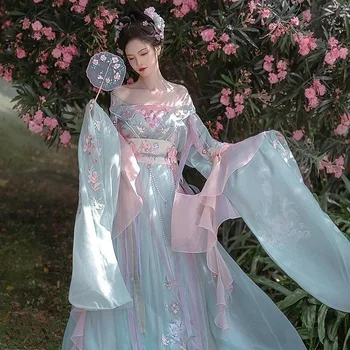 Vintage kínai stílusú hanfu ruha női nyomott nagy ujjú ing Hanfu szett Karnevál tündér cosplay ruha Hanfu táncruha