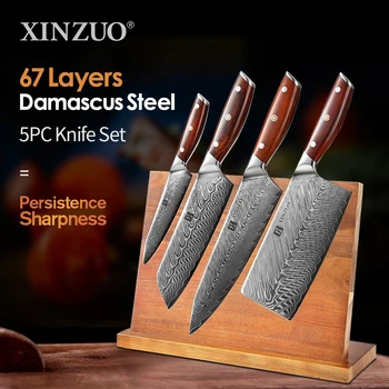 XINZUO 5DB konyhakéskészlet késtartóval 67 rétegű damaszkuszi acél kés Pro szakács kés állvány blokk készlet A legjobb főzőeszközök