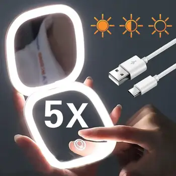 Új Mini stílusos sminktükör LED Light kétoldalas ajándékkal hordozható összecsukható nagyító, törésálló kerek sminktükör