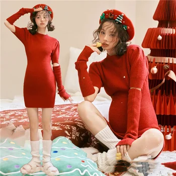 Újévi karácsony Új terhes nők Fotó ruházat Pár divat Kötött öltöny Terhes anyu Art Fotó Piros egyrészes pulóver
