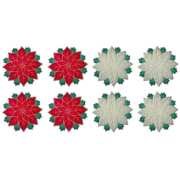 Ünnepi karácsonyi hímzett tányéralátétek rátétes mikulásvirág tányéralátétek asztali dekorációhoz