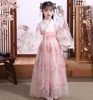 Ősi kínai hagyományos hanfu ruhák Lányok Tang-dinasztia gyermek tündér ruhák Napi rózsaszín csipke színpadi ruha gyerek jelmezek