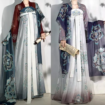 Ősi Tang-dinasztia hercegnő jelmez Új kínai stílusú hanfu öltöny elegáns hálós ru szoknya vintage mintás virág han egyenruha